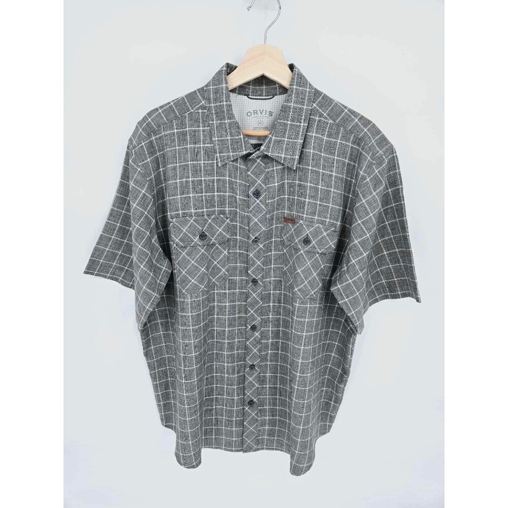 ORVIS Shirt Men’s XL Gray White Plaid Button Up short Sleeve Lightweight